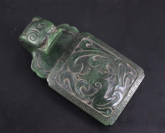 A Chinese spinach green jade belt hook, 19th century, 9cm